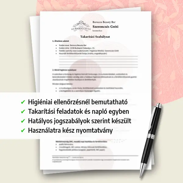Takarítási szabályzat és napló szépségipari vállalkozóknak és szalonoknak