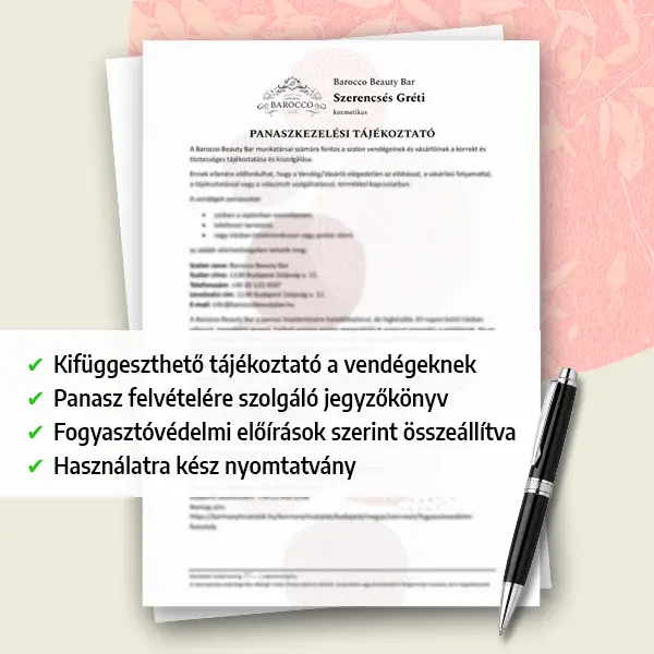 Panaszkezelési tájékoztató és panaszkezelési jegyzőkönyv fogyasztói panaszról szépségápolási vállalkozóknak